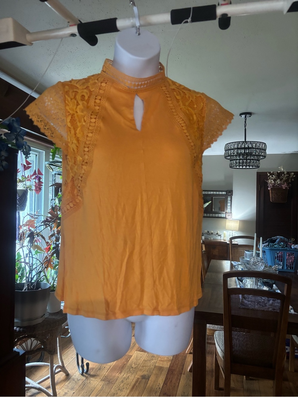 B My Story Lightweight Women’s Lace Sleeve Keyhole Blouse - Yellow Size L